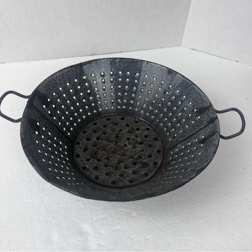 Antique grey graniteware enamelware strainer colander-rustic, farmhouse,country